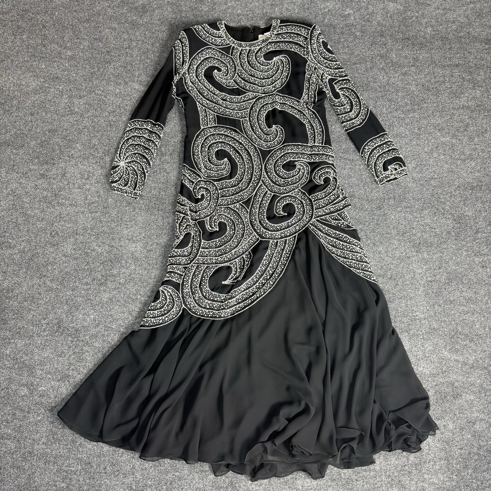 Vintage Victoria Royal Ltd Black Beaded Rhinestone Maxi Evening Gown Size 16